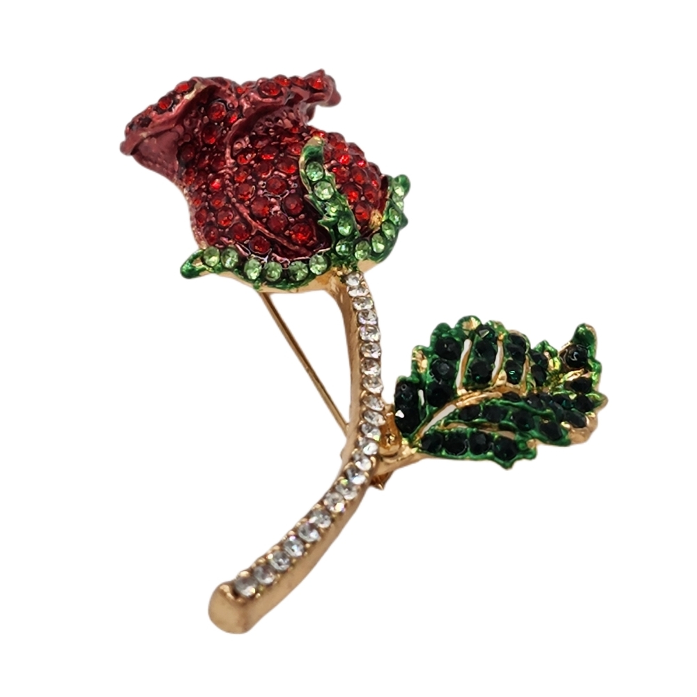 Rose Red Flower Brooch Pin Rhinestone